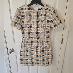 Lulus NWOT Uniquely Posh Beige Tweed Sequin Lurex Short Sleeve Mini Dress Size L
